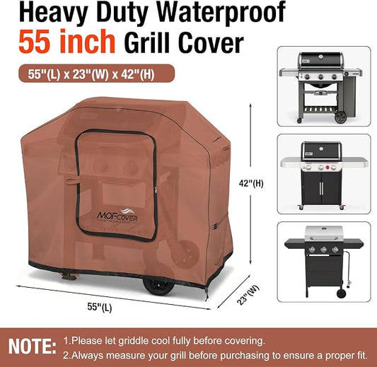 Exclusive Foldable 55 inch Grill Cover, 600D Heavy Duty Outdoor BBQ Cover for 3-4 Burners Grill, Waterproof Fade Resistant Barbecue Cover, Caramel
