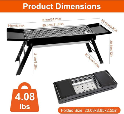 Foldable Charcoal BBQ Grill, Portable Grill Charcoal with Side Table, Stainless Steel BBQ Grill, Easy Setup Tabletop Barbecue Grill for Camping Picnic Outdoor Party Backyard Travel (Extended)