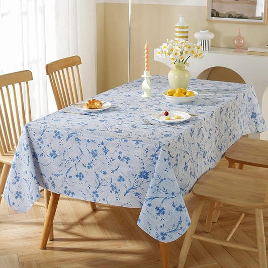 SASTYBALE Vinyl Tablecloth with Flannel Backing Rectangle 60 x 102 Inch | Floral Waterproof Stain Resistant Plastic Tablecloth, Vintage Plastic Table Cover for Dining, Party, Indoor, Outdoor, Blue