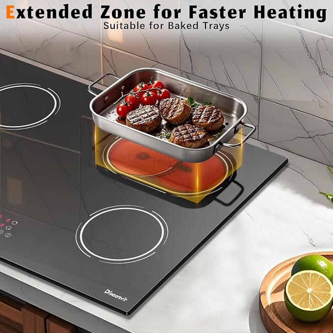 30 Inch Electric Cooktop 6400W, 240V Hard Wire (No Plug) | 4 Burner Glass Electric Stovetop 30 Inches, 99-Min Timer, Safety Lock, Pause, Rual Ring, Touch Control, 220V Hard Wired