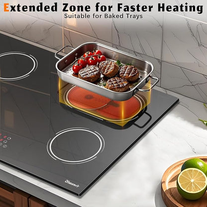 30 Inch Electric Cooktop 6400W, 240V Hard Wire (No Plug) | 4 Burner Glass Electric Stovetop 30 Inches, 99-Min Timer, Safety Lock, Pause, Rual Ring, Touch Control, 220V Hard Wired