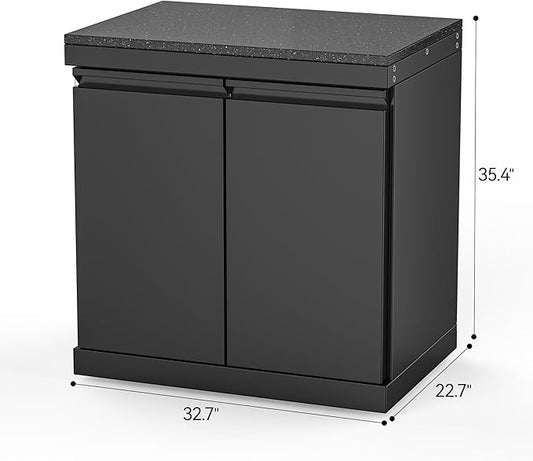 Black Stainless Steel Outdoor Double Door Empty Cabinet, Black Galaxy Granite Countertop, Storage Module for Grill Island, Patio BBQ Station, No Shelves