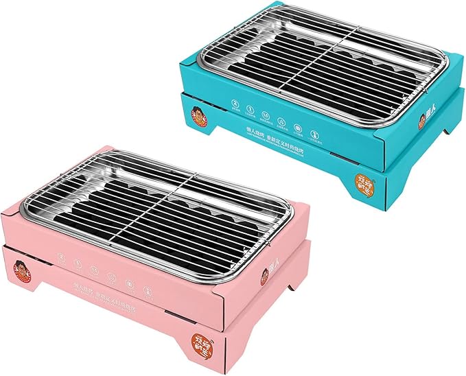Portable and Compact Disposable Charcoal Grill - Detachable Stainless Steel BBQ Smoker Grill for Outdoor Camping(Pink)