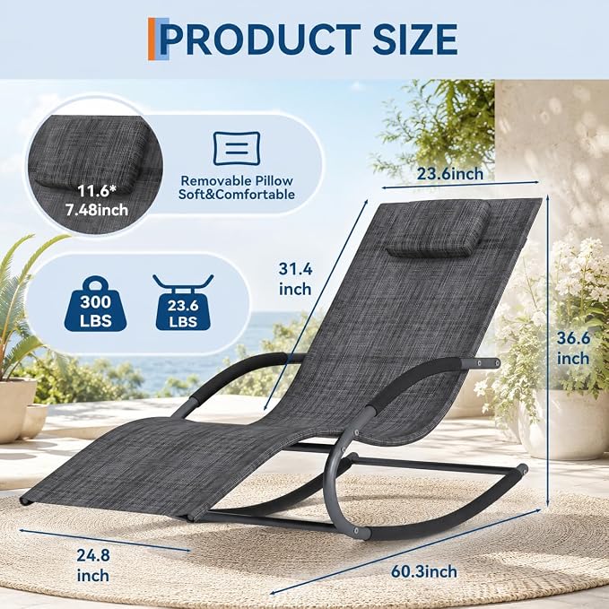 Garvee Outdoor Lounge Chair, Rocking Chair, Lounge Chair Recliner with Detachable Pillow for Patio, Lawn, Pool, Outdoor Home Furniture, Gray