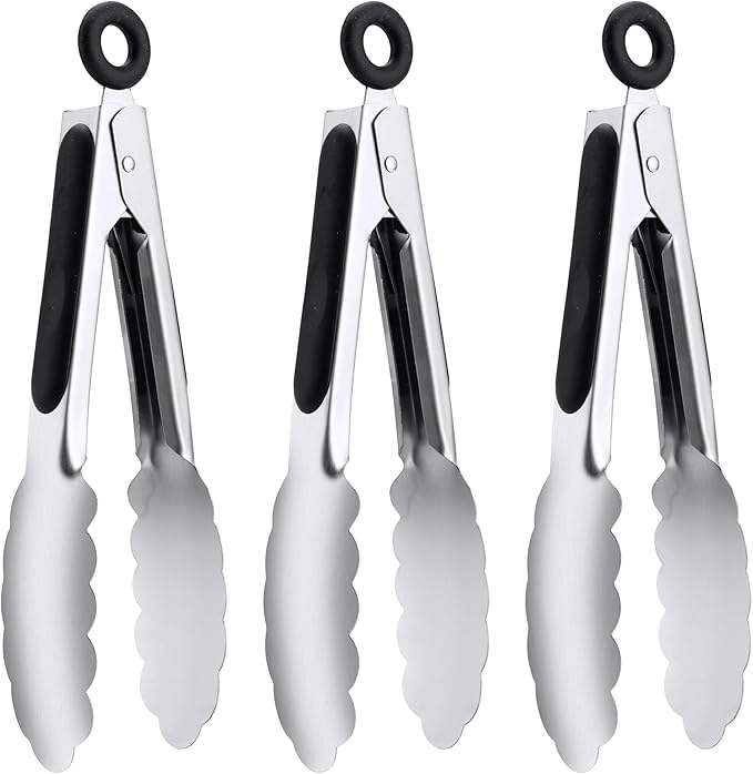 7" Small Kitchen Tongs Set of 3, Stainless Steel Ice Tongs Food Tongs, Mini Serving Tongs for Appetizers, Salad, Buffet (7", 3PCS)