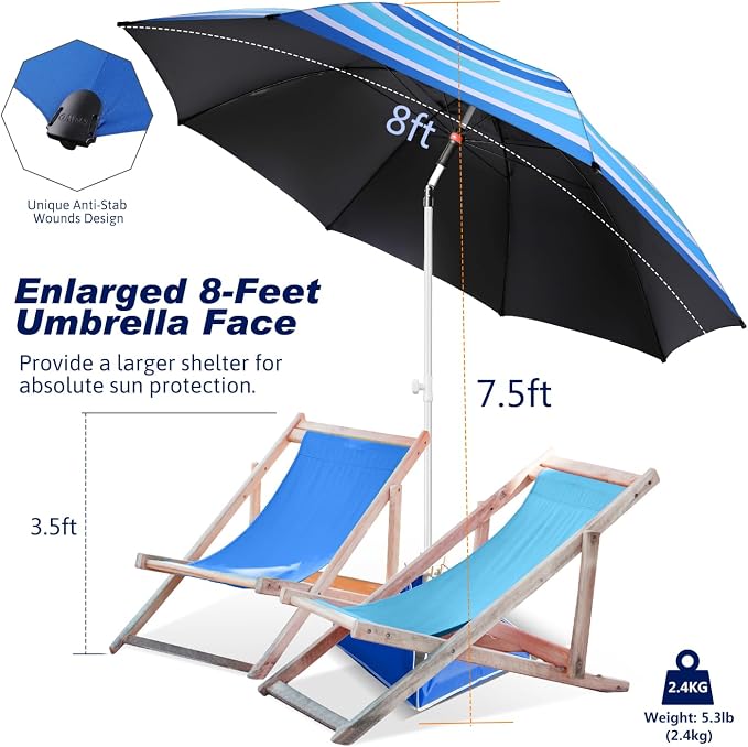 Fisqueen 8FT Large Beach Umbrella with Wind Resistance Sand Anchor Sand Bag, Portable Outdoor Umbrella with UPF50+ UV Protection, Tilt Sun Shelter for Beach, Patio, Yard