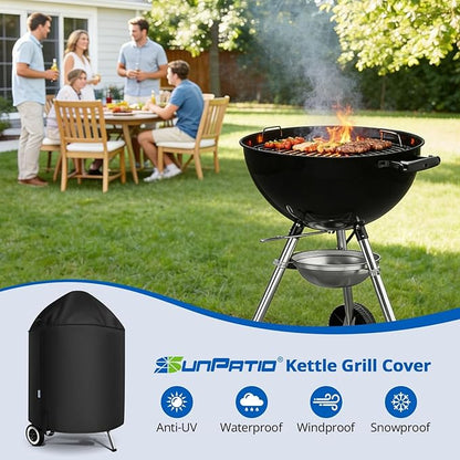 SunPatio Heavy Duty Waterproof Grill Cover Compatible for Weber, Big Green Egg, Char-Broil 22 Inch Charcoal Kettle Grills, Outdoor FadeStop BBQ Cover, Compared to Weber 7150, 27.5" Dia x 38" H