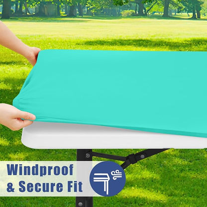 Moosfor Spandex 8 Foot Rectangle Table Cloth, Elastic Fitted Tablecloths for Picnic, Stretch Washable Patio Table Cover for Outdoor, Camping, Banquet and Parties (Aqua Blue, 30"x96")
