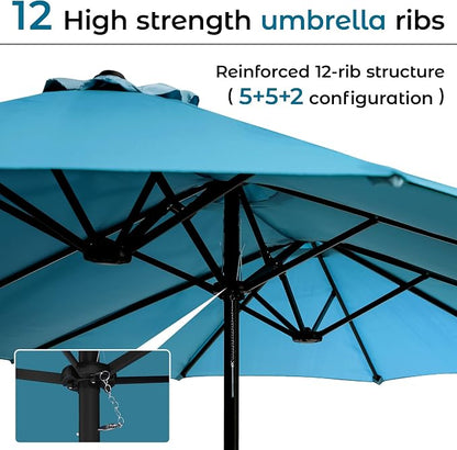 DomeShade 15FT Extra Large Patio Umbrella with Base, Double-Sided Outdoor Rectangular Market Umbrella with Stand,Heavy Duty Outside Sun Umbrella for Backyard,Poolside,Patio Furniture,Teal Blue