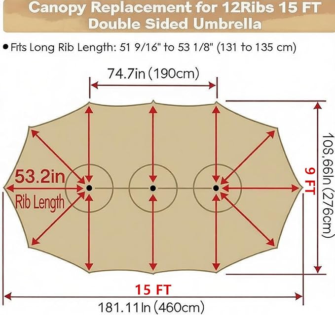 15ft Patio Umbrella Replacement Canopy for 12 Ribs, Large Outdoor Umbrella Top Cover Only,Double-Sided Fabric for Market Umbrellas, Sombrillas de Patio Repuesto (Frame NOT Included),khaki