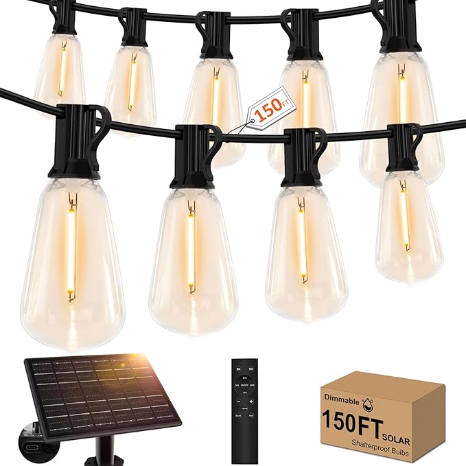 150ft Solar Outdoor String Lights with Remote - USB Rechargeable Solar Powered Outdoor Patio Lights - Timer, Dimmable Shatterproof ST38 Bulbs for Backyard, Garden, Pool