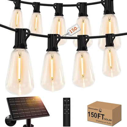 150ft Solar Outdoor String Lights with Remote - USB Rechargeable Solar Powered Outdoor Patio Lights - Timer, Dimmable Shatterproof ST38 Bulbs for Backyard, Garden, Pool