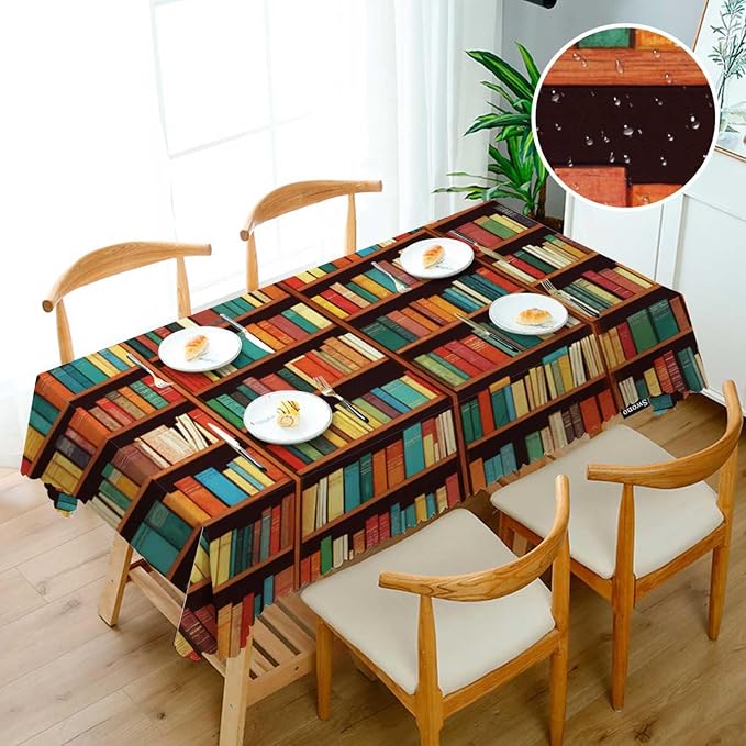 Swono Book Shelf Tablecloth Retro Bookshelf Literature Books Rectangle Table Cloth Washable Plaid Table Cover for Kitchen Holiday Dinner, 52x 70 Inch Tablecloth