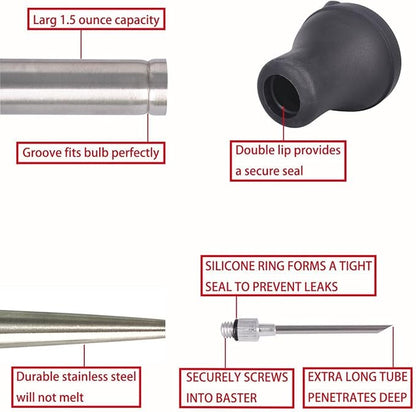 18/8 Stainless Steel Silicone Bulb Turkey Basters Syringe - Injector Needle with Cleaning Brush