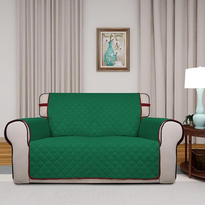 PureFit Reversible Quilted Couch Covers for Dogs Loveseat Sofa Cover 46.5” | Green/Red, Water Resistant Couch Protector, Washable Pet Couch Cover with Non Slip and Elastic Straps For Kids