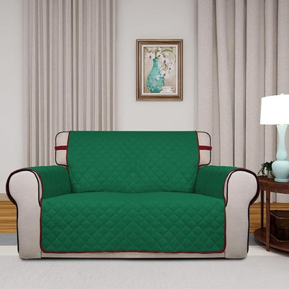PureFit Reversible Quilted Couch Covers for Dogs Loveseat Sofa Cover 46.5” | Green/Red, Water Resistant Couch Protector, Washable Pet Couch Cover with Non Slip and Elastic Straps For Kids