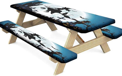 Halloween Picnic Fitted Tablecloth and Bench Seat Covers, 3 Pieces Set, Witch on The Full Moon Pumpkin Waterproof Table Cover, 28x72 Inch, Great for Picnic Party Outdoor Patio Use