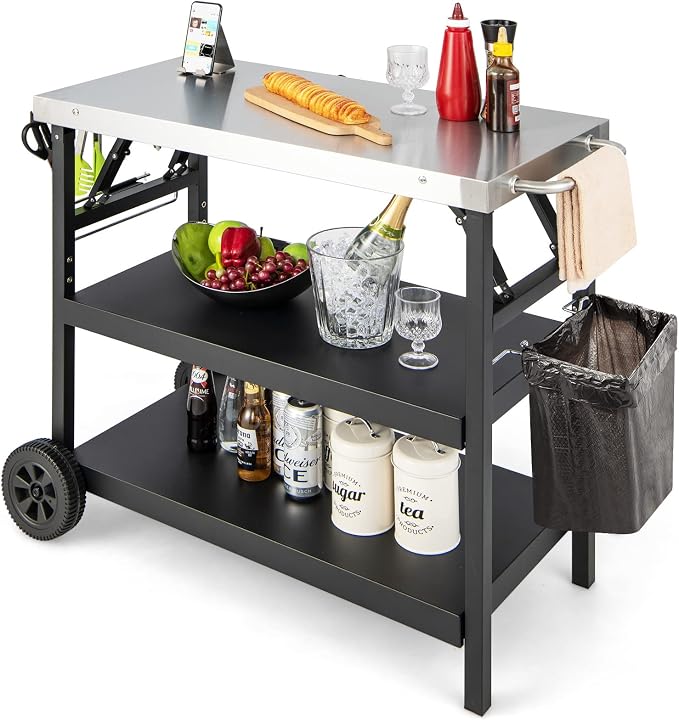 PETSITE Outdoor Grill Cart, Foldable BBQ Pizza Oven Stand, Movable Food Prep Table with Stainless Steel Tabletop & Wheels, Portable Griddle Dining Kitchen Island Cart Station for Bar Patio Outside