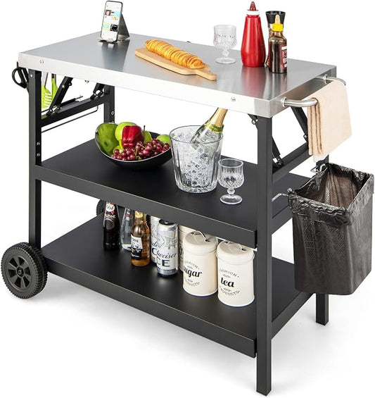 PETSITE Outdoor Grill Cart, Foldable BBQ Pizza Oven Stand, Movable Food Prep Table with Stainless Steel Tabletop & Wheels, Portable Griddle Dining Kitchen Island Cart Station for Bar Patio Outside