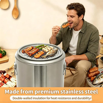 2-in-1 Charcoal Barrel Grill,Freely Switch Between the Grill Rack and Grill Mesh,20 Skewer Smokeless Portable Outdoor BBQ Grill with Stainless Steel Surround,Outdoor Cooking for Picnics Camping