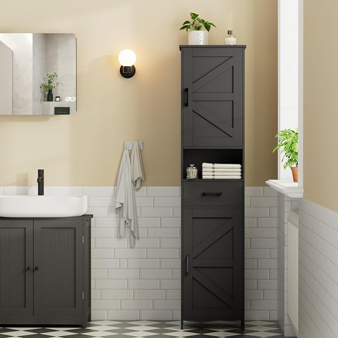 Homhedy 67" H Tall Bathroom Storage Cabinet with Barn Doors and Drawer | Narrow Storage Unit with Adjustable Shelves, Floor Cabinet for Bathroom, Living Room, Entryway or Kitchen, Black, 15.7" W