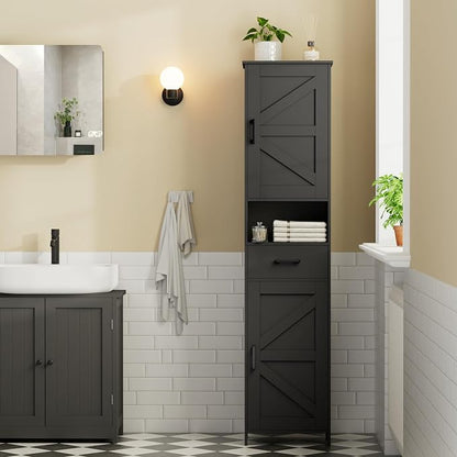 Homhedy 67" H Tall Bathroom Storage Cabinet with Barn Doors and Drawer | Narrow Storage Unit with Adjustable Shelves, Floor Cabinet for Bathroom, Living Room, Entryway or Kitchen, Black, 15.7" W