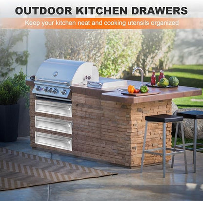 PioneerWorks 24" W x 6.5" H x 23" D Outdoor Kitchen Drawers, 3-Layer Outdoor Kitchen Access Drawer, Stainless Steel Built-in BBQ Drawer for Outdoor Kitchen Island, Patio Grill Station