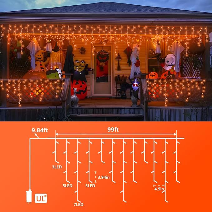 QITONG Orange Lights for Halloween, 99ft 1200 LED Icicle Lights for Outside Plug in, Clear Wire String Light Indoor with 8 Modes for Thanksgiving Fall Décor