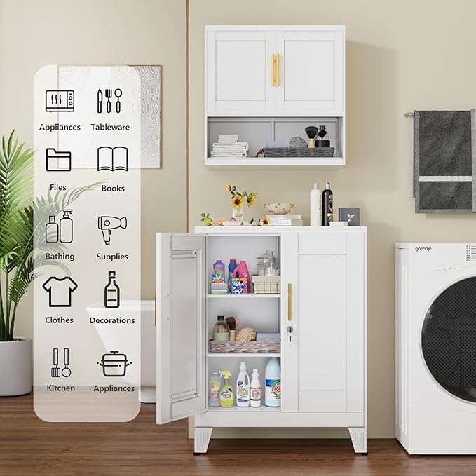 GAIOUS White Metal File Cabinet with Lock (Two Units), Steel Storage Cabient with 2 Doors and 2 Adjustable Shelves, Multifunctional Locked Cabinet for Home/Office/Garage/Tool Room, Accent Furniture