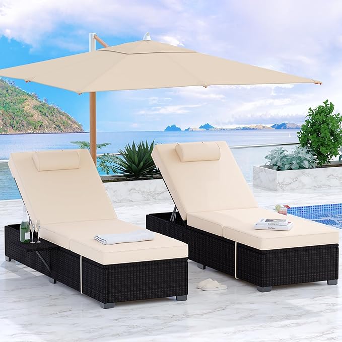 PeakPursuit Patio Lounge Chairs,Outdoor PE Wicker Chaise Lounge Set of 2,Chaise Lounge Chair Outdoor，Pool Furniture,Brown Rattan Recliners with Adjustable Backrest,Storage Table,Beige