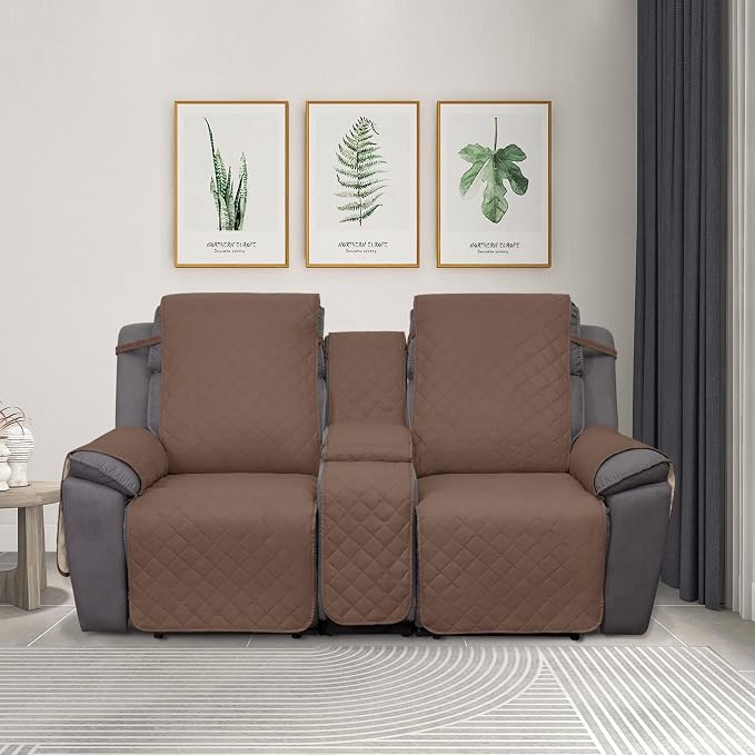 PureFit Water Resistant Reversible Loveseat Recliner Cover for Double | Double with Console, Non Slip Split Sofa Cover, Washable Reclining Cover, Brown/Beige