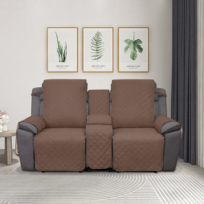 PureFit Water Resistant Reversible Loveseat Recliner Cover for Double | Double with Console, Non Slip Split Sofa Cover, Washable Reclining Cover, Brown/Beige