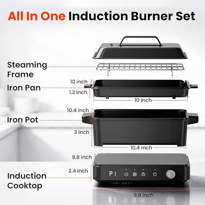 olayks Induction Cooktop, Portable Induction Cooktop with Removable Cast Iron Pot and Pan, 1500W Hot Plate Single Burner with 8 Power Levels, Adjustable Temp Control, 99 Min Timer