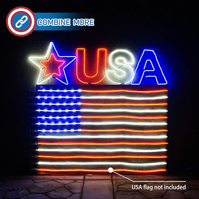 Russell Decor USA Patriotic Yard Sign Liights Star with 4-Level Dimmable Controller Waterproof Outdoor lights Red White Blue (6 ft x 2 ft)