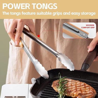 14 Inch Stainless Steel Grill Tongs with Wooden Handle, Non-Slip Locking Barbecue Tongs for Cooking Flipping Serving, Heat-Resistant Kitchen Tongs for Outdoor Grilling, Indoor Cooking, Buffet