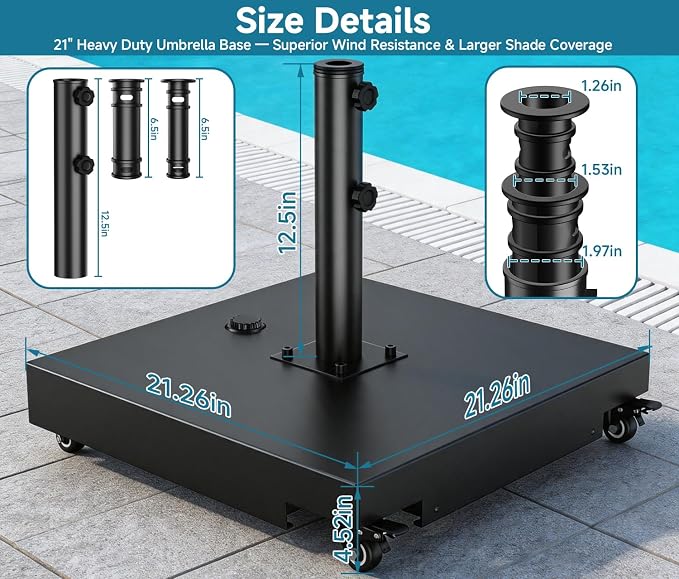 Metal Umbrella Base, 21 inch Heavy Duty Umbrella Stand with 4 Wheels | 140 lbs Max Capacity Fillable Base, 2 Locks & 2 Knobs, Rust-Resistant & Windproof Design for Outdoor, Patio, Poolside