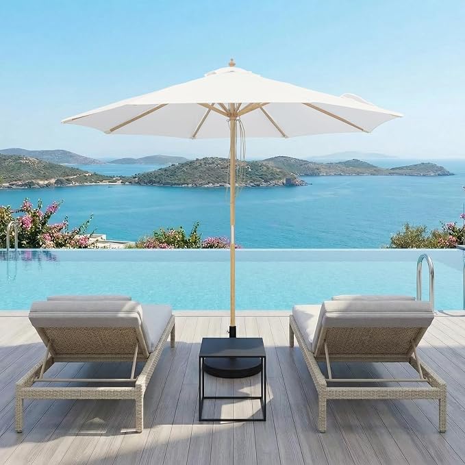 9FT/10FT Wood Patio Umbrella, Large Outdoor Table Pool Umbrella | 205G Olefin/180G Polyester Fabric, Push-Pull Operation Market Umbrella, 8 Rib Vented Canopy, Ideal for Patio, Backyard