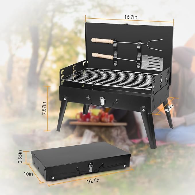Portable Charcoal Grill - Foldable BBQ Grill with Adjustable Height & Convenient Storage for Outdoor Cooking, Picnics, Camping, and Backyard Grilling (16.7x10x17.7in)