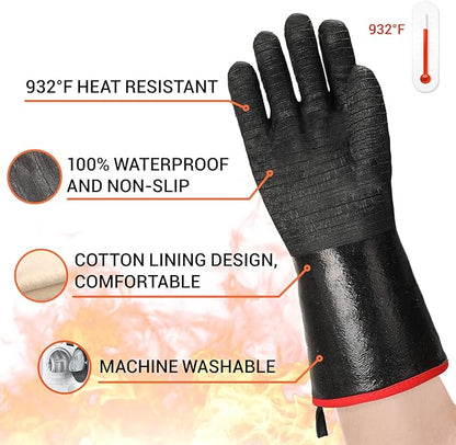 Schwer 932°F Extreme Heat Resistant BBQ Gloves, Waterproof Oven & Fryer Gloves, Oil Resistant Neoprene Grill Glove for Baking, Smoker, 14 inch