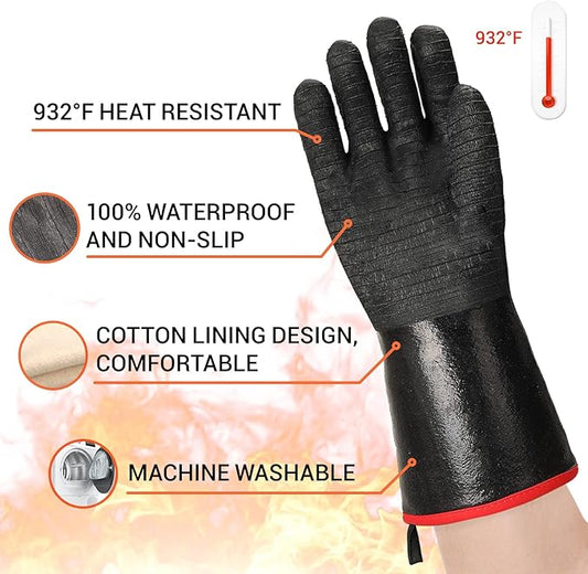 Schwer 932°F Extreme Heat Resistant BBQ Gloves, Waterproof Oven & Fryer Gloves, Oil Resistant Neoprene Grill Glove for Baking, Smoker, 14 inch