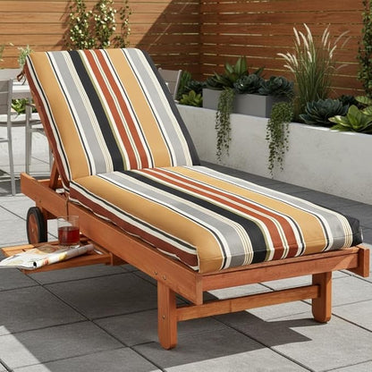 Modern Outdoor Chaise Lounge Cushion with Ties – Durable Polyester Fabric, Channel-Filled Polyfiber Insert, Removable Zippered Cover, Brick Stripe