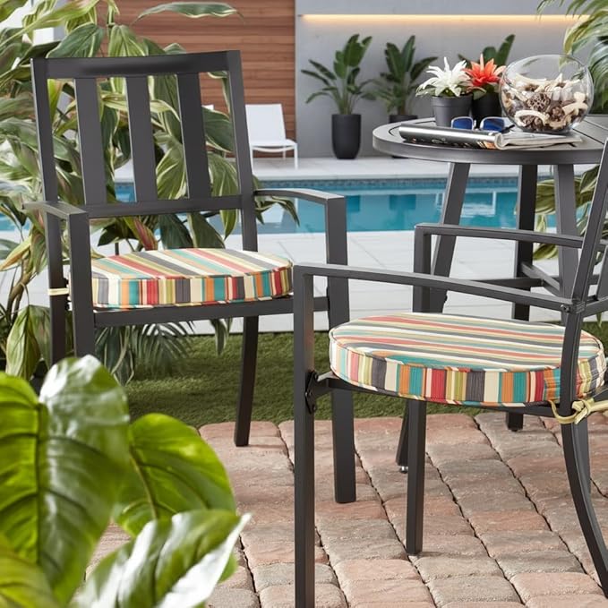 Set of 2 Outdoor 18 inch Round Patio Dining Chair Pads – Comfortable Fiber-Filled Seat Cushions with Ties, Reversible Polyester Fabric - Sunset Stripe