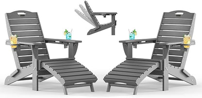 Adjustable Adirondack Chairs Set of 2 with Retractable Ottoman, HDPE Folding Adirondack Chair with Cup Holders, Weather Resistant for Backyard, Poolside & Fire Pit (Grey)