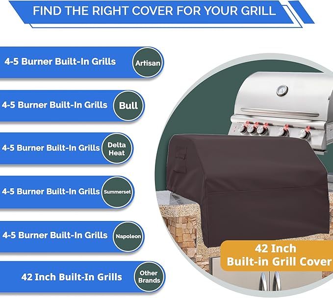 Covers & All Built-in Grill Cover for Outdoor Grill – Heavy Duty 12 oz Waterproof Built-in BBQ Grill Cover, PVC-Coated Polyester with Elastic Hem for Snug Fit (42 x 28 x 24 inches, Coffee)