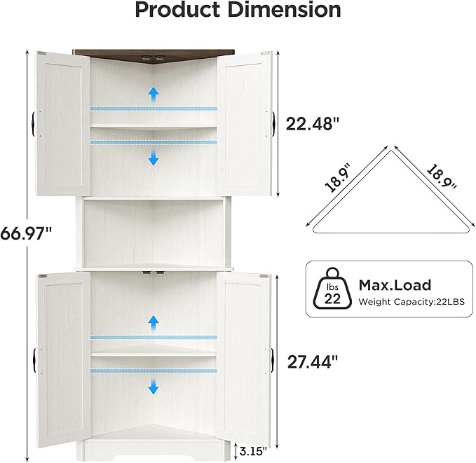 Vabches Tall Corner Cabinet, Corner Bathroom Cabinet, 67" Farmhouse Storage Cabinet with 4 Doors and Adjustable Shelves, Home Space Saver for Bathroom, Kitchen, Living Room, Pantry, Distressed White