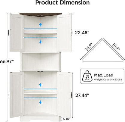 Vabches Tall Corner Cabinet, Corner Bathroom Cabinet, 67" Farmhouse Storage Cabinet with 4 Doors and Adjustable Shelves, Home Space Saver for Bathroom, Kitchen, Living Room, Pantry, Distressed White