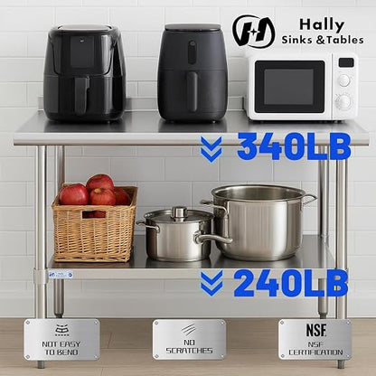 Hally Stainless Steel Table 14 x 36 in, Kitchen Prep Work Table, Backsplash | Provides a narrow surface for appliances or outdoor cooking; lower shelf organizes gear, while adjustable feet reduce wobble.