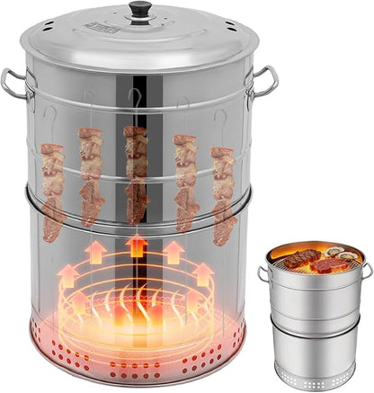 Portable Charcoal Grill with Hanging and Tray Grilling, Stainless Steel Smokeless Columnar Charcoal Smoker Grill, Cylindrical BBQ Grill for Camping & Outdoor Cooking Gatherings