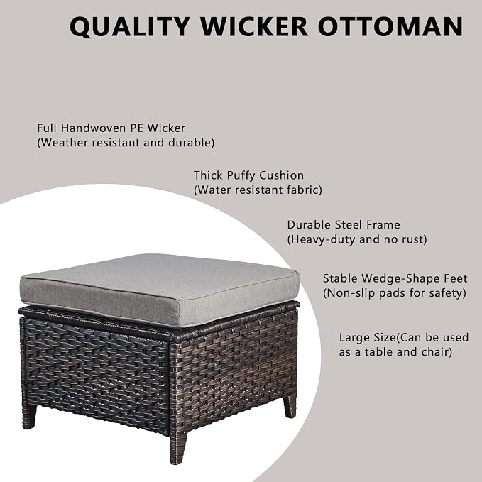 Rilyson Wicker Outdoor Patio Sofa with Ottoman, Large 3 Seater Wicker Patio Couch with 4in Replaceable Seat Cushions and Deep Seating, All Weather for Backyard, Garden, Poolside (Brown/Grey)