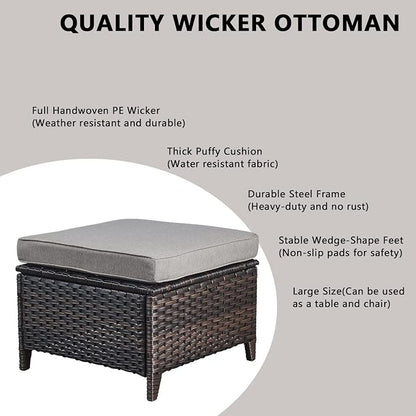 Rilyson Wicker Outdoor Patio Sofa with Ottoman, Large 3 Seater Wicker Patio Couch with 4in Replaceable Seat Cushions and Deep Seating, All Weather for Backyard, Garden, Poolside (Brown/Grey)